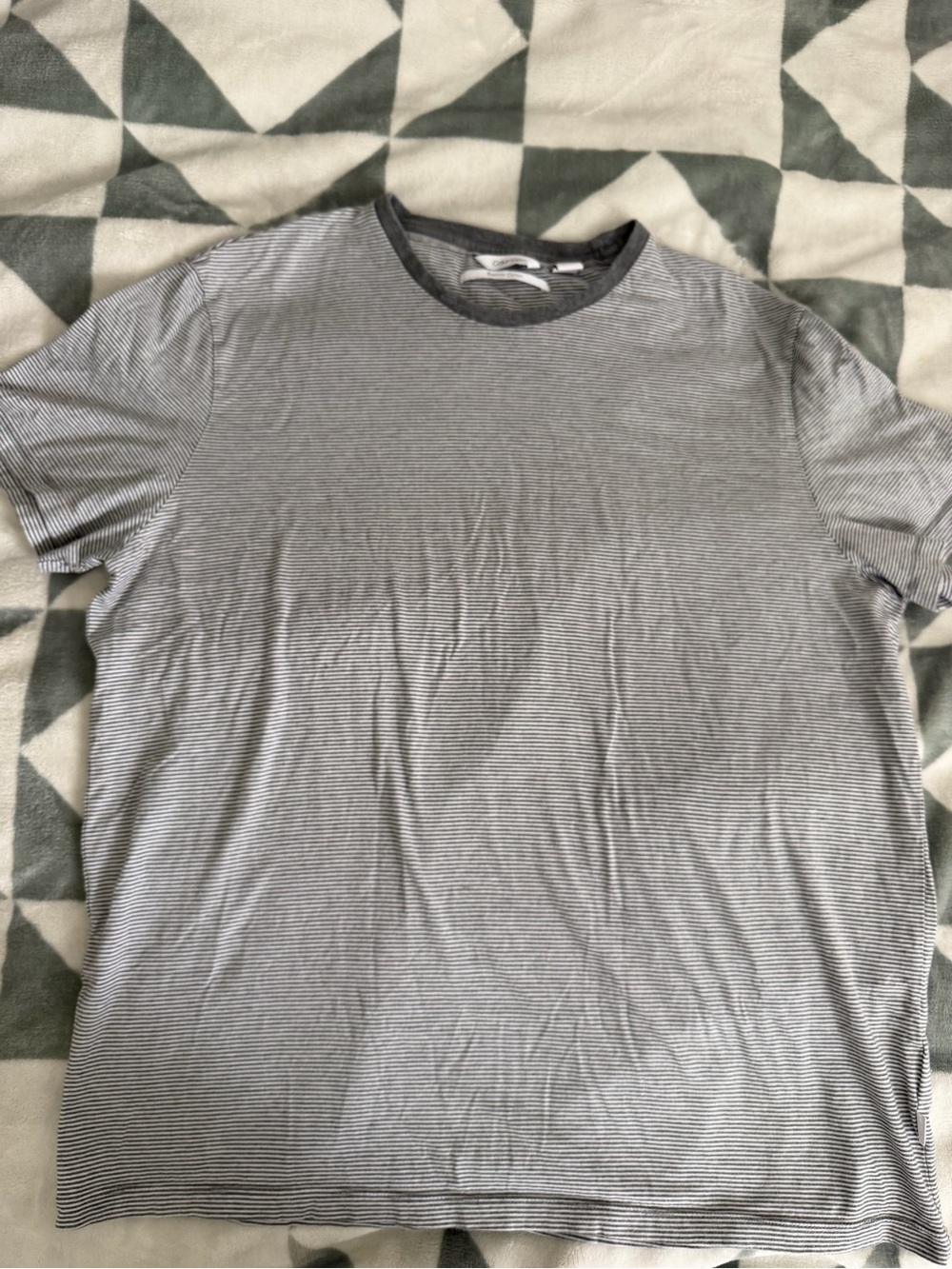 Calvin Klein Men's Black and White Thin-Striped Crew Neck Tee